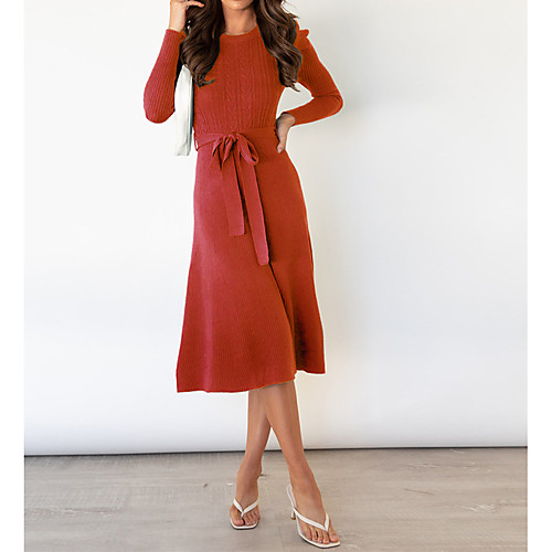 

Women's Swing Dress Midi Dress product available LQ163-hei LQ163-molv LQ163-hong 2021 autumn and winter new knitted dress LQ163-hui LQ163-xing Long Sleeve Textured Spring Summer Round Neck Elegant