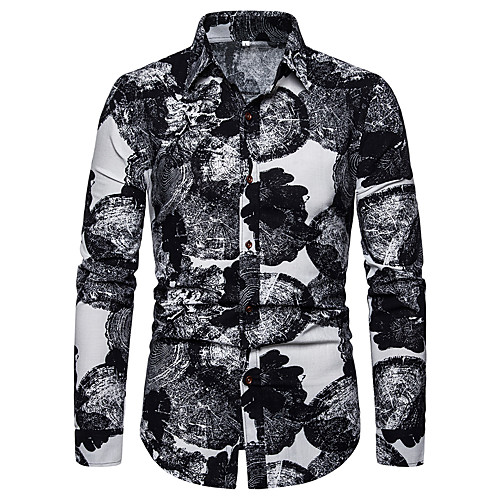 

Men's Shirt non-printing Floral Plus Size collared shirts Long Sleeve Casual Tops Slim Fit Black / White Blue / White