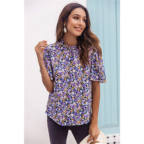 

Women's Floral Theme Blouse Shirt Floral Print High Neck Basic Streetwear Tops Purple