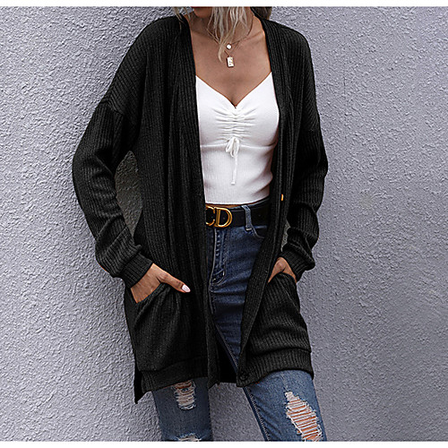 

Women's Sweater Coat Going out Fall & Winter Long Coat V Neck Regular Fit Jacket Long Sleeve Solid Colored Camel Black / Beach / Cotton