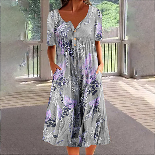 

Women's A Line Dress Midi Dress Gray Short Sleeve Floral Print Summer V Neck Casual 2021 S M L XL XXL