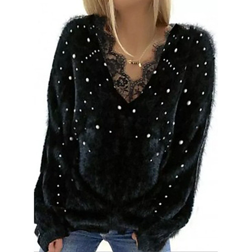 

Women's Stylish Knitted Lace Trims Solid Color Pullover Sweater Long Sleeve Sweater Cardigans V Neck Fall Winter Wine Black / Holiday / Loose