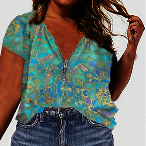 

Women's Plus Size Tops T shirt Shirt Floral Graphic Zipper Print Short Sleeve V Neck Streetwear Summer Purple Yellow Blushing Pink Big Size L XL XXL 3XL 4XL