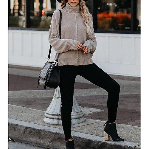 

Women's Casual Solid Color Sweater Long Sleeve Sweater Cardigans High Neck khaki Green Black