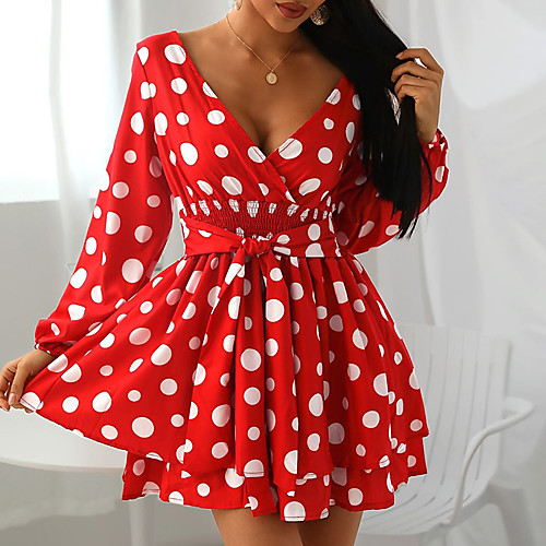

Women's Sheath Dress Short Mini Dress Black Red Long Sleeve Polka Dot Fall Summer Sexy Boho 2021 S M L XL
