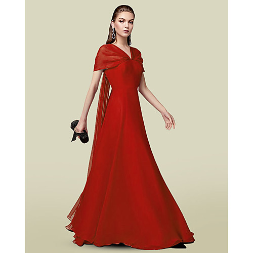 

A-Line Mother of the Bride Dress Elegant V Neck Floor Length Chiffon Short Sleeve with Pleats 2021