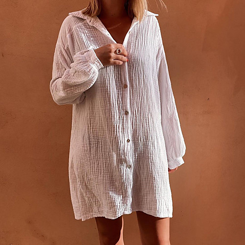 

Women's Shirt Dress Short Mini Dress White Long Sleeve Solid Color Button Fall Shirt Collar Casual Lantern Sleeve 2021 S M L XL / Cotton