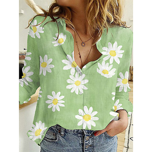 

Women's Floral Theme Blouse Shirt Floral Daisy Long Sleeve Button Print Shirt Collar Casual Streetwear Tops Green