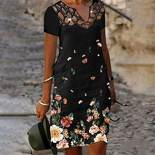 

Women's A Line Dress Knee Length Dress Gray Khaki Black Light Green Short Sleeve Floral Hollow Out Print Summer V Neck Casual Holiday 2021 S M L XL XXL