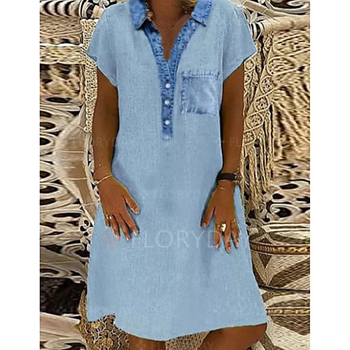 

Women's Denim Shirt Dress Knee Length Dress Light Blue Short Sleeve Solid Color Pocket Spring Summer Collar Casual Holiday 2021 S M L XL XXL