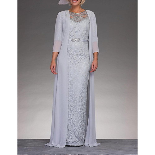 

Two Piece Sheath / Column Mother of the Bride Dress Elegant Jewel Neck Floor Length Chiffon 3/4 Length Sleeve with Sash / Ribbon Appliques 2021
