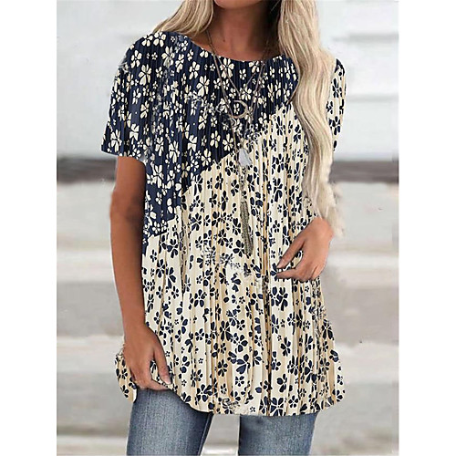 

Women's T Shirt Dress Tee Dress Short Mini Dress Beige Half Sleeve Floral Print Fall Summer Round Neck Casual 2021 S M L XL XXL 3XL