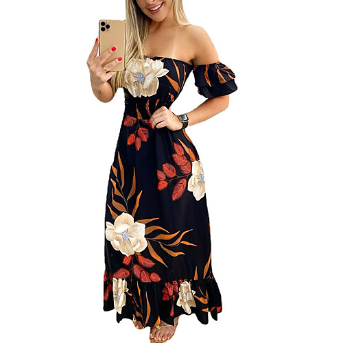 

Women's A Line Dress Maxi long Dress Black Short Sleeve Animal Ruffle Print Summer Off Shoulder Casual 2021 S M L XL