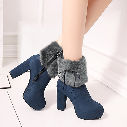 

Women's Boots High Heel Round Toe Booties Ankle Boots Faux Fur PU Solid Colored Yellow Blue Black