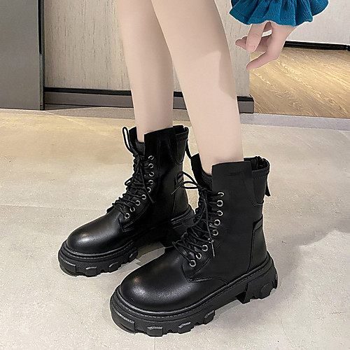 

Women's Boots Combat Boots Chunky Heel Round Toe Mid Calf Boots Booties Ankle Boots Wedding Daily PU Lace-up Solid Colored Black