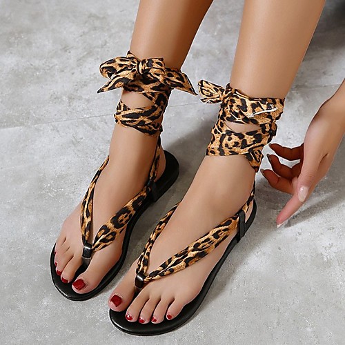 

Women's Sandals Flat Heel Round Toe PU Color Block Leopard Rainbow