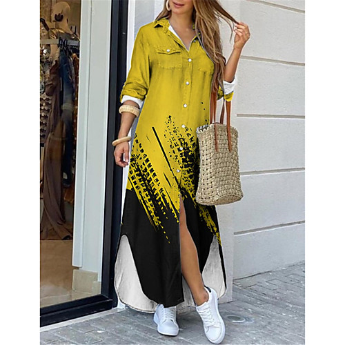 

Women's Shirt Dress Maxi long Dress Yellow Long Sleeve Print Color Block Print Spring Summer Shirt Collar Casual Holiday 2021 S M L XL XXL 3XL