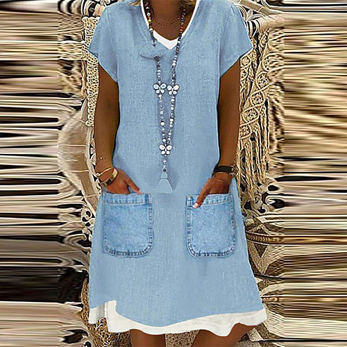 

Women's A Line Dress Knee Length Dress Blue Short Sleeve Solid Color Pocket Print Summer Round Neck Casual 2021 S M L XL XXL