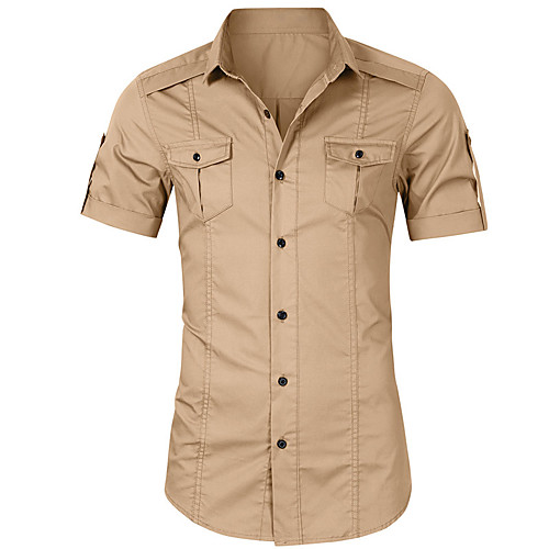 

Men's Shirt Solid Color Button-Down Short Sleeve Street Tops Cotton Casual Comfortable Military Style Army Green Khaki Black