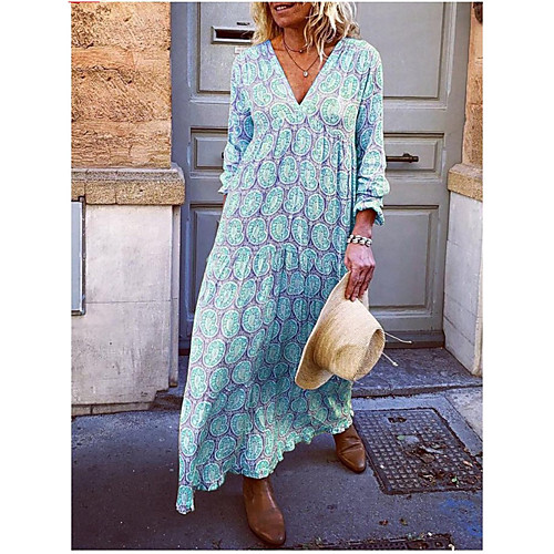 

Women's A Line Dress Maxi long Dress Blue Purple Yellow Blushing Pink Green Long Sleeve Abstract Spring, Fall, Winter, Summer Deep V Casual 2021 S M L XL XXL 3XL