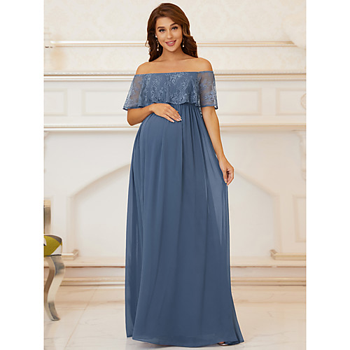

A-Line Mother of the Bride Dress Elegant Off Shoulder Floor Length Chiffon Short Sleeve with Lace Draping Embroidery 2021