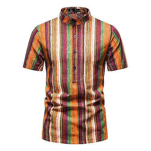 

Men's Shirt Striped Short Sleeve Casual Tops Fashion Vintage Hawaiian Orange