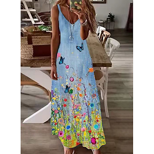 

Women's Strap Dress Maxi long Dress Light Blue Blushing Pink Sleeveless Florals Spring Summer Casual 2021 S M L XL XXL