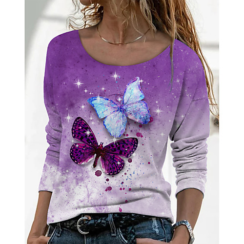 

Women's Butterfly Painting T shirt Butterfly Tie Dye Long Sleeve Print Round Neck Basic Tops Blue Purple Blushing Pink