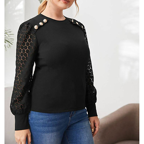 

Women's Plus Size Tops Blouse T shirt Plain non-printing Button Long Sleeve Crewneck Basic Fall Winter Black Big Size L XL XXL 3XL 4XL