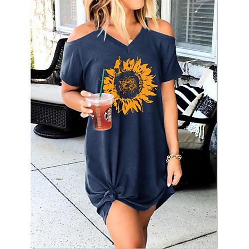 

Women's T Shirt Dress Tee Dress Short Mini Dress Gray Black Dark Blue Short Sleeve Floral Print Spring Summer Casual 2021 S M L XL XXL