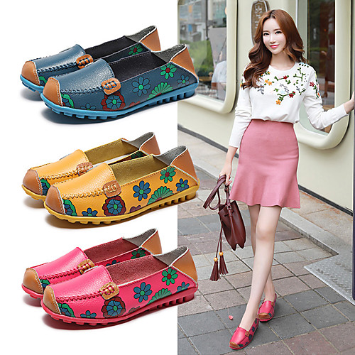 

Women's Loafers & Slip-Ons Flat Heel Round Toe Booties Ankle Boots Daily Work Cowhide Flower Floral Wine Yellow Orange