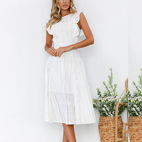 

Women's A Line Dress Knee Length Dress Blue White Sleeveless Solid Color Ruffle Summer Round Neck Casual 2021 S M L XL