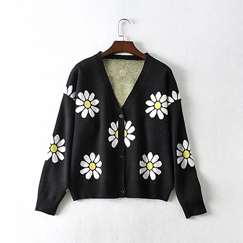 

Women's Floral Cardigan Cotton Long Sleeve Sweater Cardigans V Neck Black