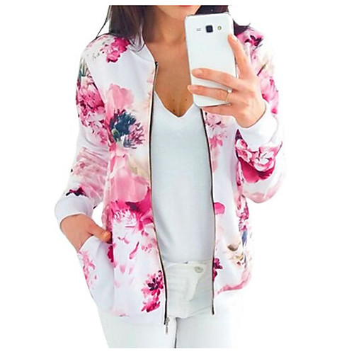 

Women's Jacket Going out Spring & Fall Regular Coat Regular Fit Sporty Jacket Long Sleeve Print Print Blue Red