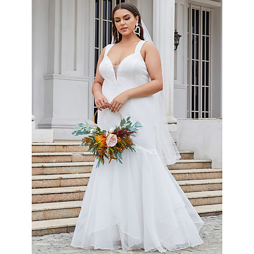 

Mermaid / Trumpet Wedding Dresses V Neck Floor Length Chiffon Lace Tulle Sleeveless Romantic Casual with Lace Pick Up Skirt Pleats 2021