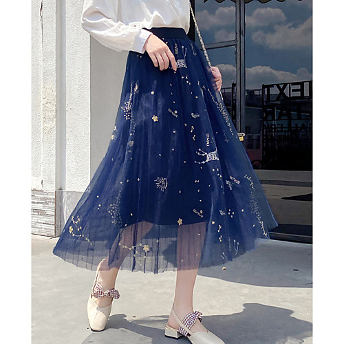 

Women's Casual / Daily Weekend Basic Streetwear Ankle-Length Skirts Floral / Botanical Embroidered Layered Tulle Blue