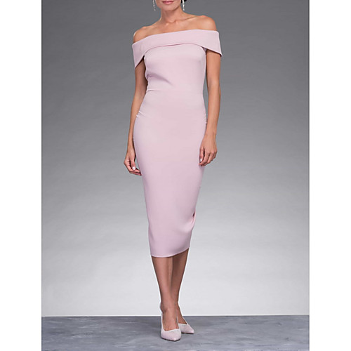 

Sheath / Column Mother of the Bride Dress Elegant Off Shoulder Tea Length Stretch Fabric Sleeveless with Side Draping 2021