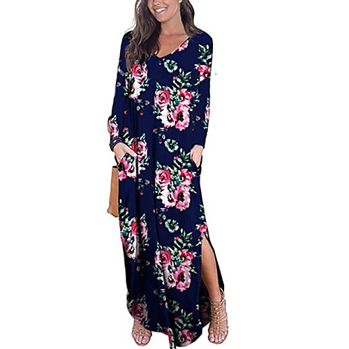 

Women's Loose Maxi long Dress Blue peony flower Blue Wine Black Long Sleeve Multi Color Flower Split Round Neck Casual 2021 S M L XL XXL