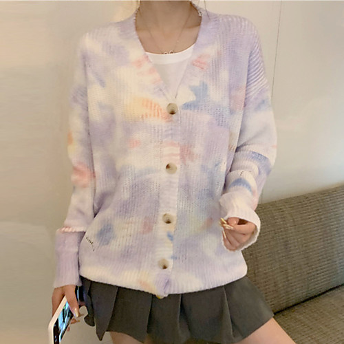 

Women's Stylish Knitted Rainbow Cardigan Sweater Long Sleeve Sweater Cardigans V Neck Fall Spring Rainbow