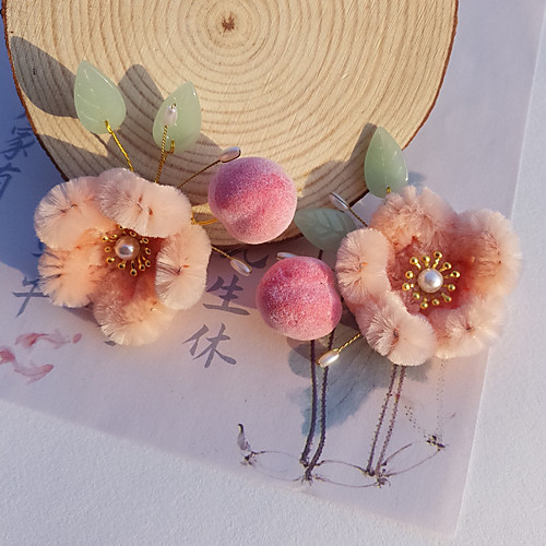 

hanfu children's headdress hairpin girl cute hair ball pink peach pair clip hairpin hair ornament velvet peach jewelry