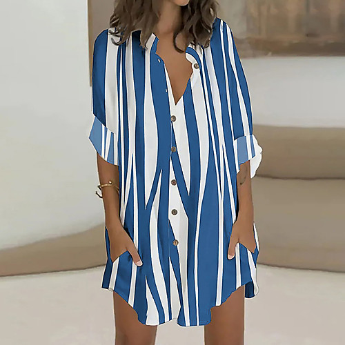 

Women's Shift Dress Short Mini Dress blue stripes Blushing Pink Camouflage White Long Sleeve Floral Striped Animal Print Spring, Fall, Winter, Summer Shirt Collar Daily 2021 S M L XL XXL