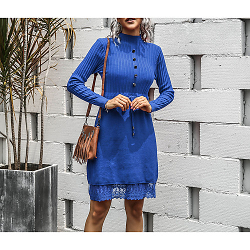 

Women's Shift Dress Knee Length Dress Blue Black Red Beige Long Sleeve Solid Color Modern Style Fall Winter High Neck Casual 2021 One-Size