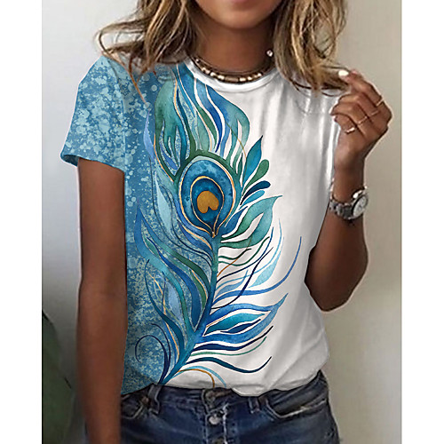

Women's Painting T shirt Color Block Feather Print Round Neck Basic Tops Blue