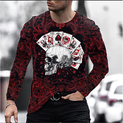 

Men's T shirt 3D Print Skull 3D Print Long Sleeve Daily Tops Fashion Black / Red Rainbow