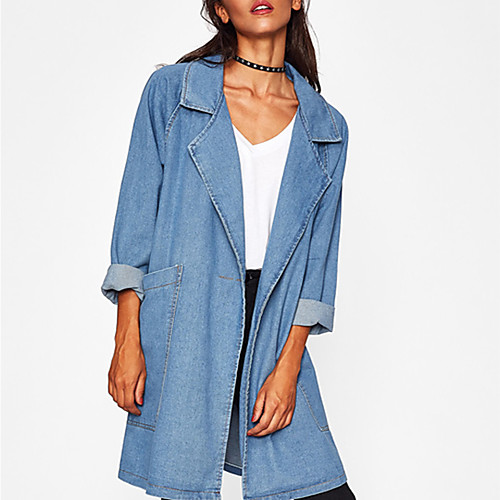 

Women's Trench Coat Solid Color Chic & Modern Denim Fall Coat V Neck Long Street Long Sleeve 416 Light Blue / Winter / Spring / Holiday