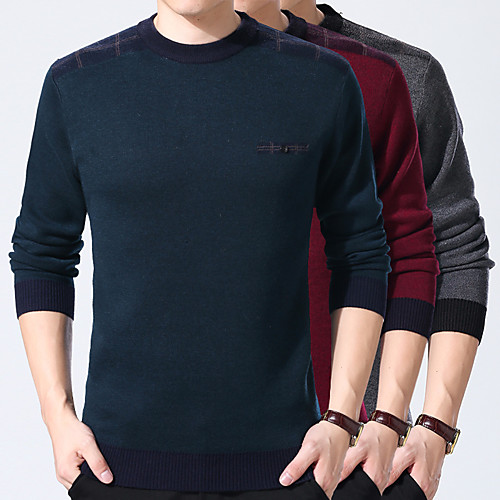 

Men's Stylish Vintage Style Knitted Solid Color Pullover Sweater Long Sleeve Sweater Cardigans Crew Neck Fall Winter Gray Red Navy Blue