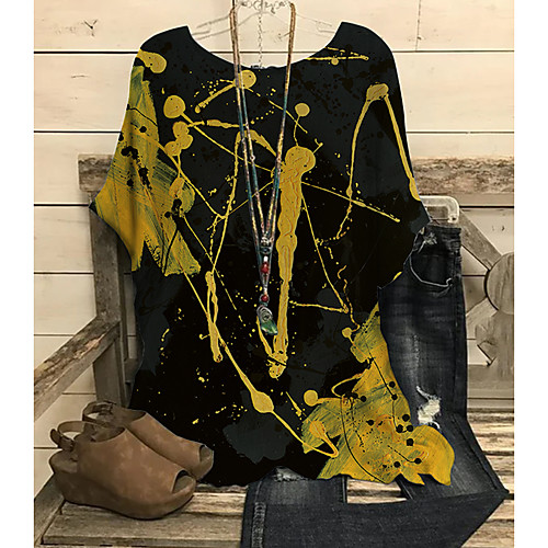 

Women's Plus Size Tops Tunic Blouse Multi Color Retro Graphic Hot Stamping Print Short Sleeve Round Neck Basic Chinoiserie Fall Summer Blue Yellow Red Big Size XL XXL 3XL 4XL 5XL / Holiday / Loose