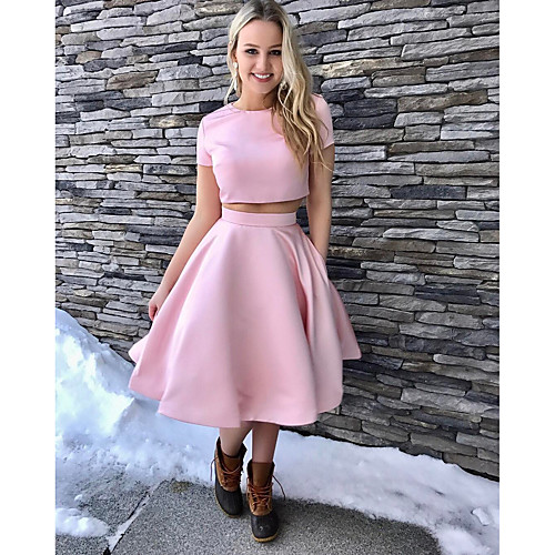 

Two Piece A-Line Reformation Amante Minimalist Engagement Cocktail Party Dress Jewel Neck Short Sleeve Tea Length Stretch Satin with Sleek 2021