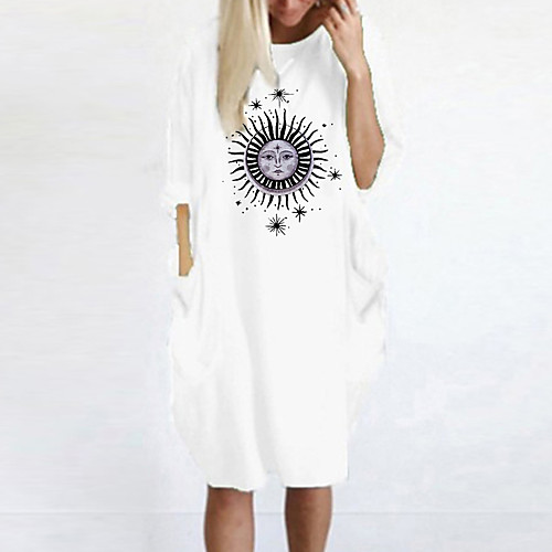 

Women's T Shirt Dress Tee Dress Knee Length Dress Blue Yellow Fuchsia Gray Green White Black Long Sleeve Print Spring Summer Round Neck Casual Oversized 2021 S M L XL XXL 3XL 4XL 5XL