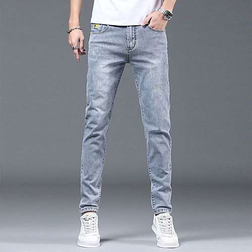 

Men's Simple Daily Going out Jeans Pants Solid Color Full Length Zipper Light Blue